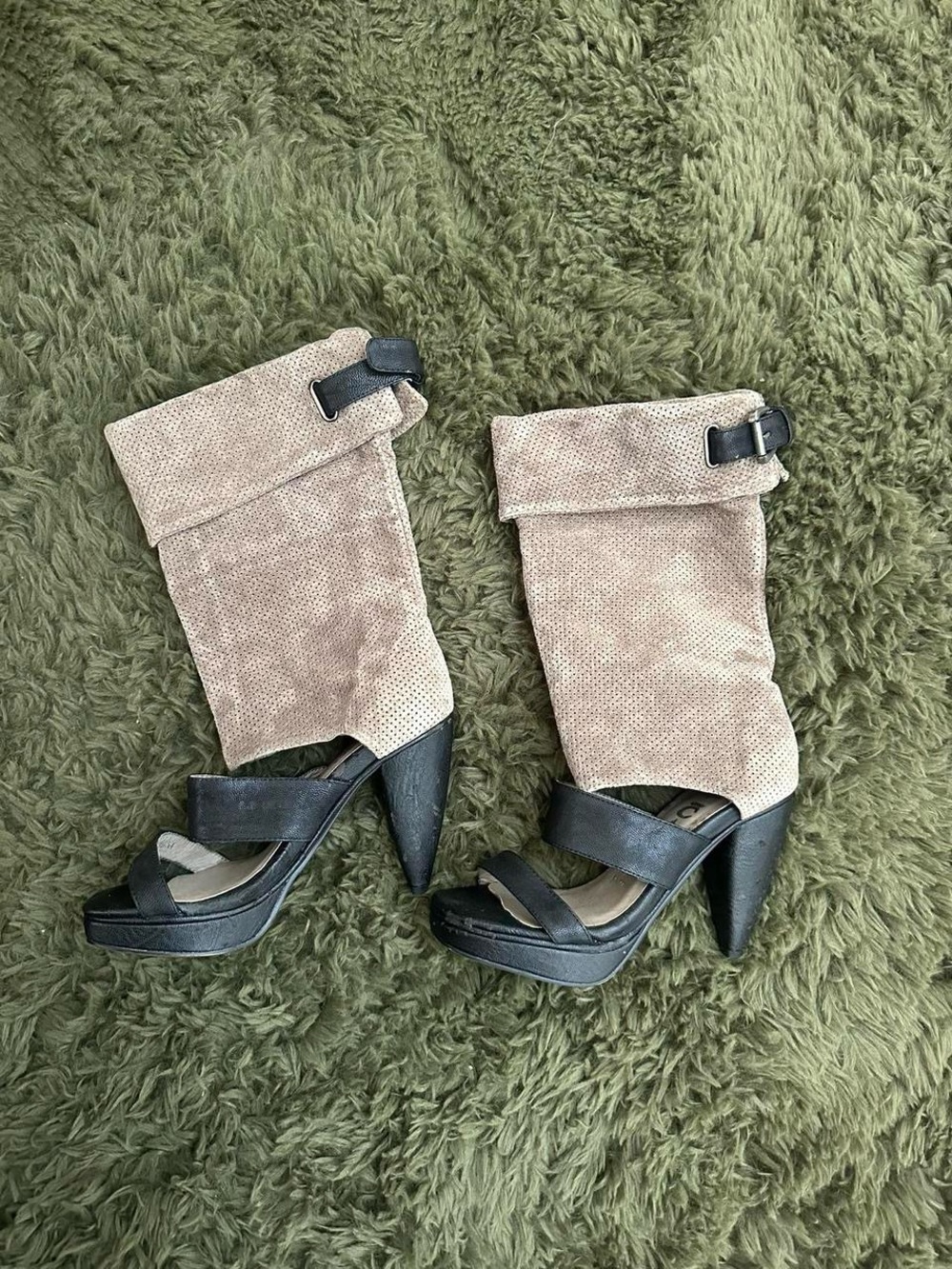 Jeffrey Campbell Beige Suede Fold-Over Heeled Boots with Black Straps
